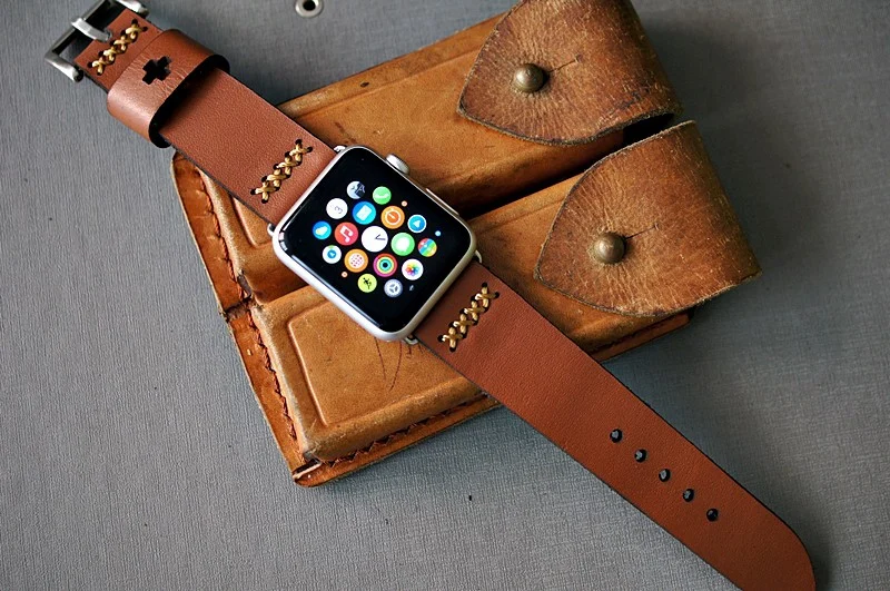 AWBF08-D60 -GOLD handgefertigt Vintage Leder Uhrenarmband incl. Lugs Adapter für Apple Watch 1 und 2 (oder Apple Watch Sport) 42mm oder 38mm